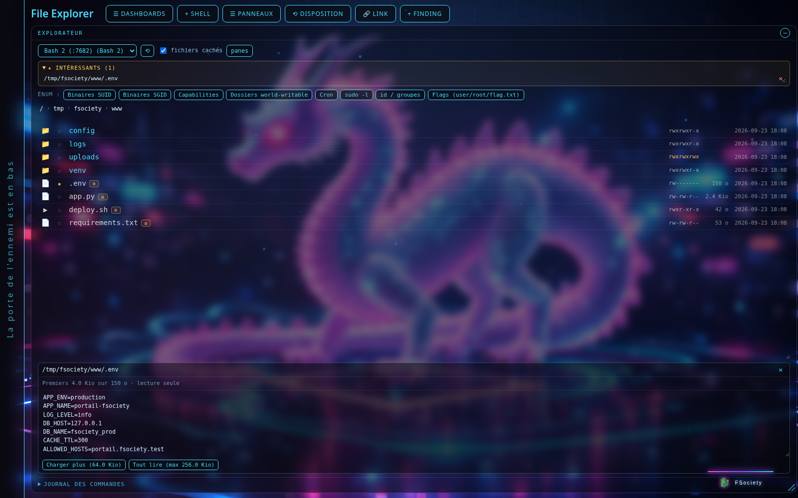 Panneau Explorateur sur une cible fictive FSociety : listing d’un dossier web avec un dossier world-writable, un fichier .env caché mis en favori et son aperçu, les presets d’énumération