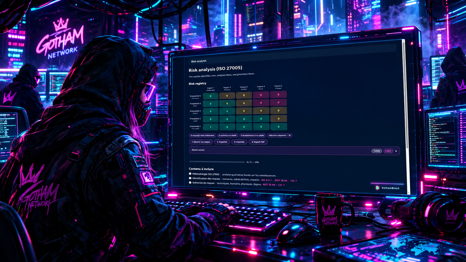 Illustration cyberpunk du module GRC de NeonFlare : analyse de risques ISO 27005 avec matrice probabilité/impact et registre des risques