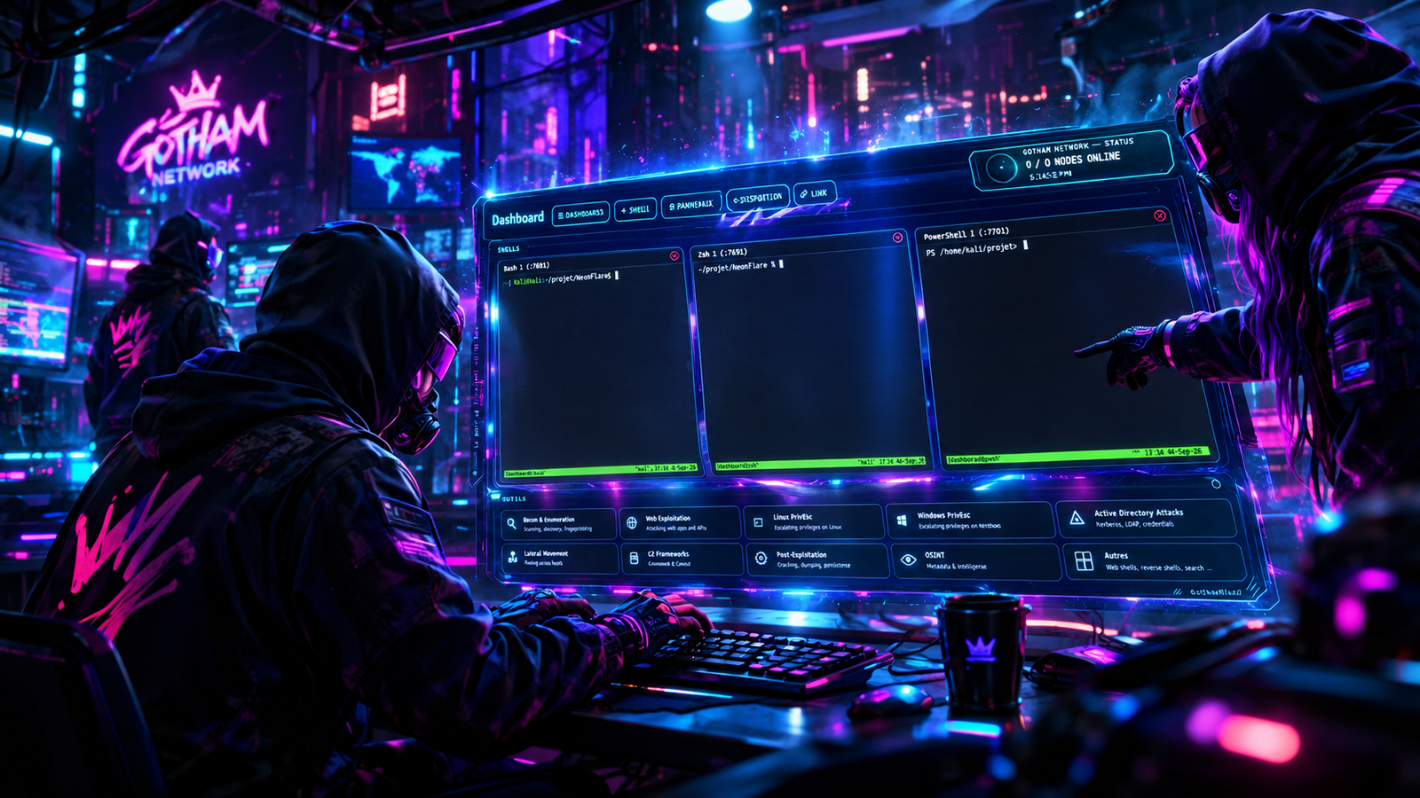 Illustration cyberpunk du dashboard NeonFlare ouvert sur trois terminaux (Bash, Zsh, PowerShell) et le menu Outils, dans une ambiance néon rose et cyan